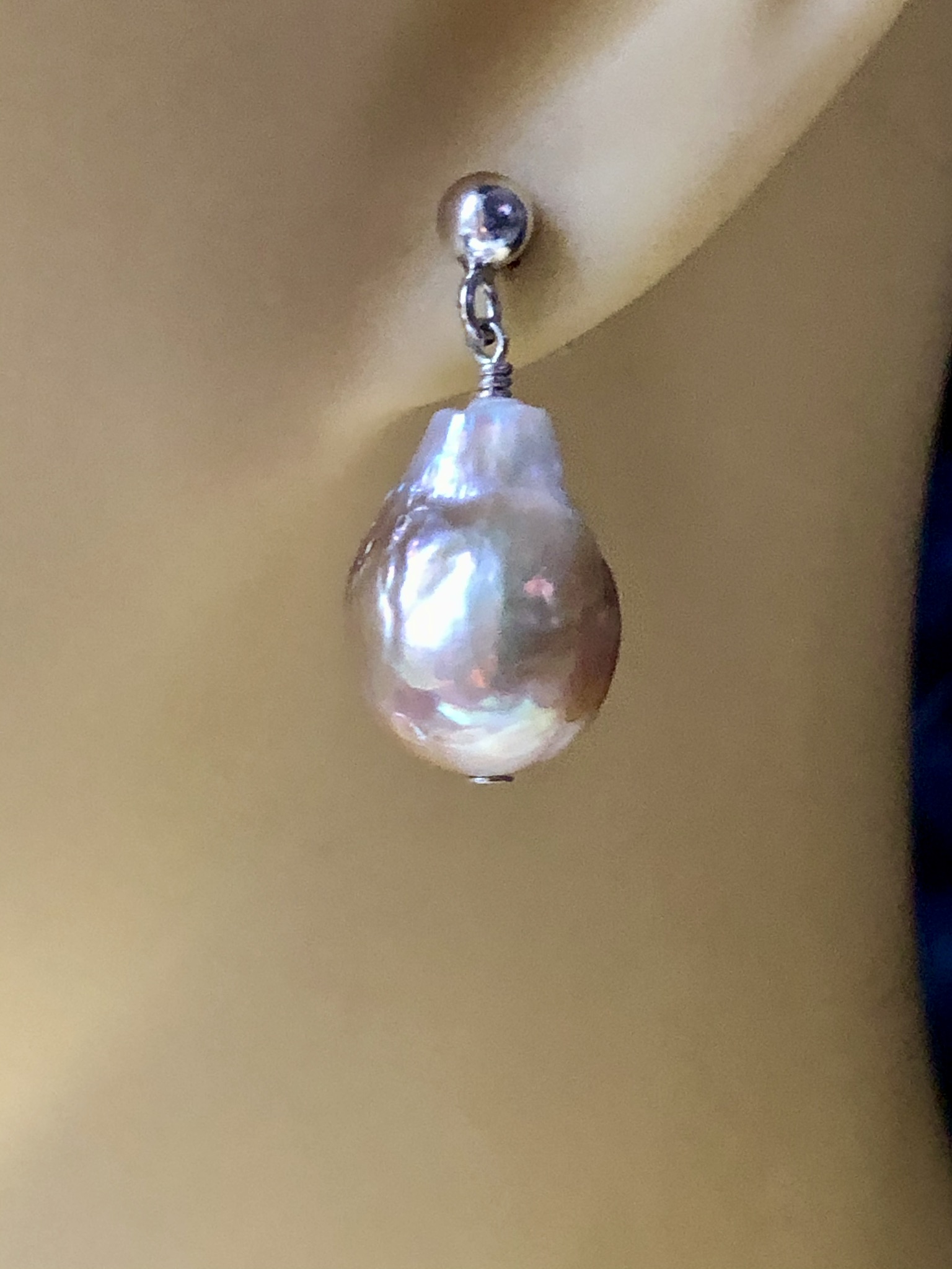 Metallic Pearl Earrings - Silver Studs - Image 4