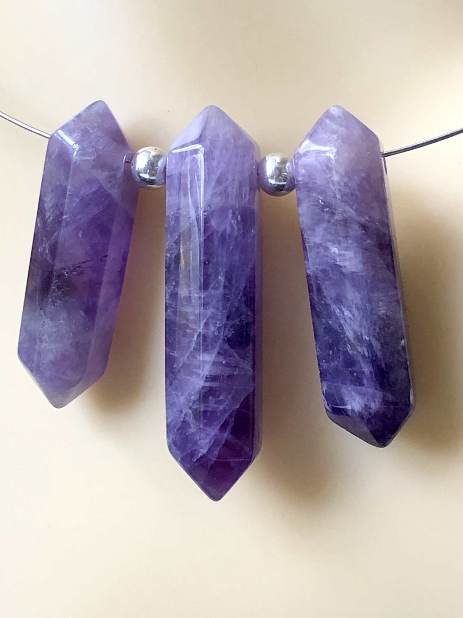 Triple Amethyst Pencils and Silver Bead Memory Wire Necklace - Image 2