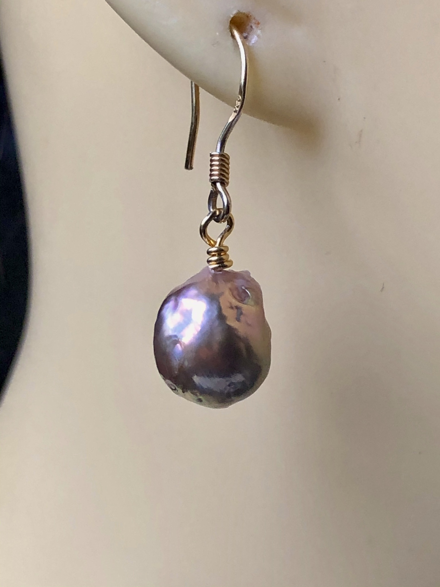 Metallic Pearl Earrings - Gold-plated Silver Hooks - Image 2