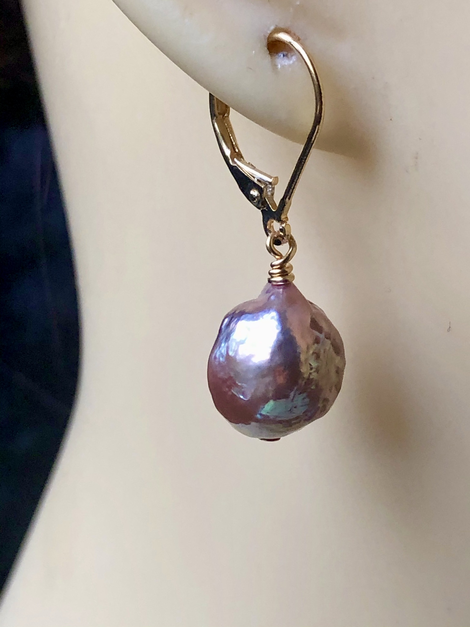 Metallic Pearl Earrings - Gold Plated Lever-back Hooks - Image 2