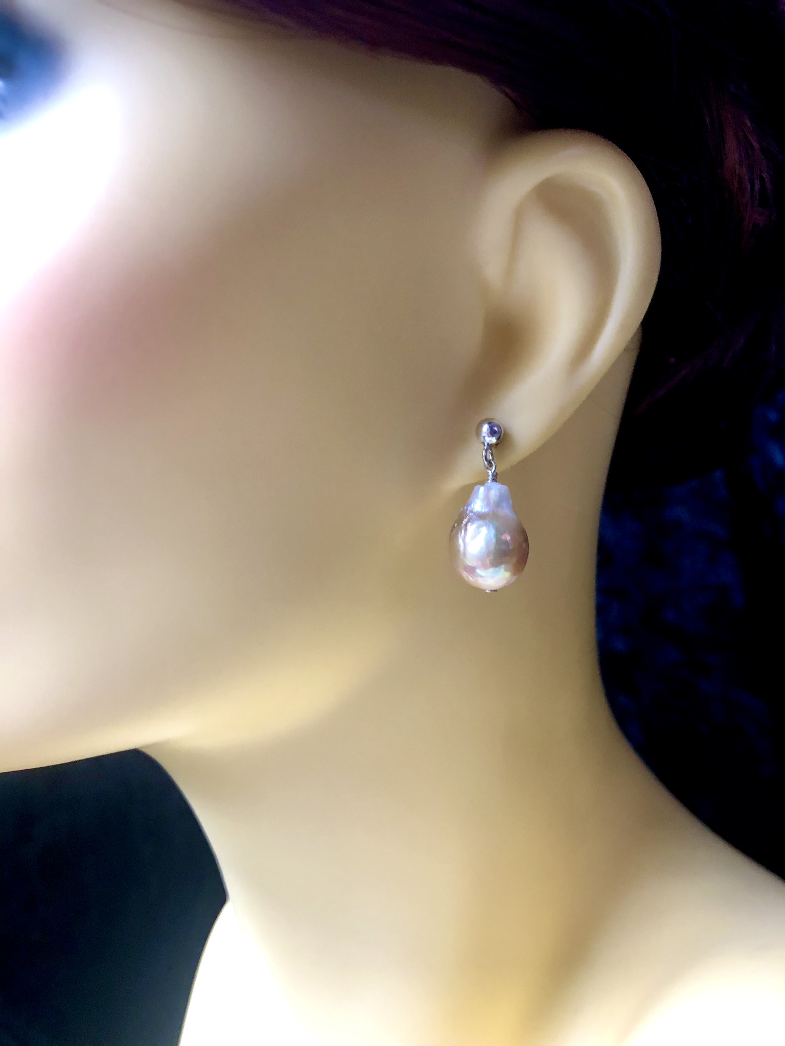 Metallic Pearl Earrings - Silver Studs - Image 3