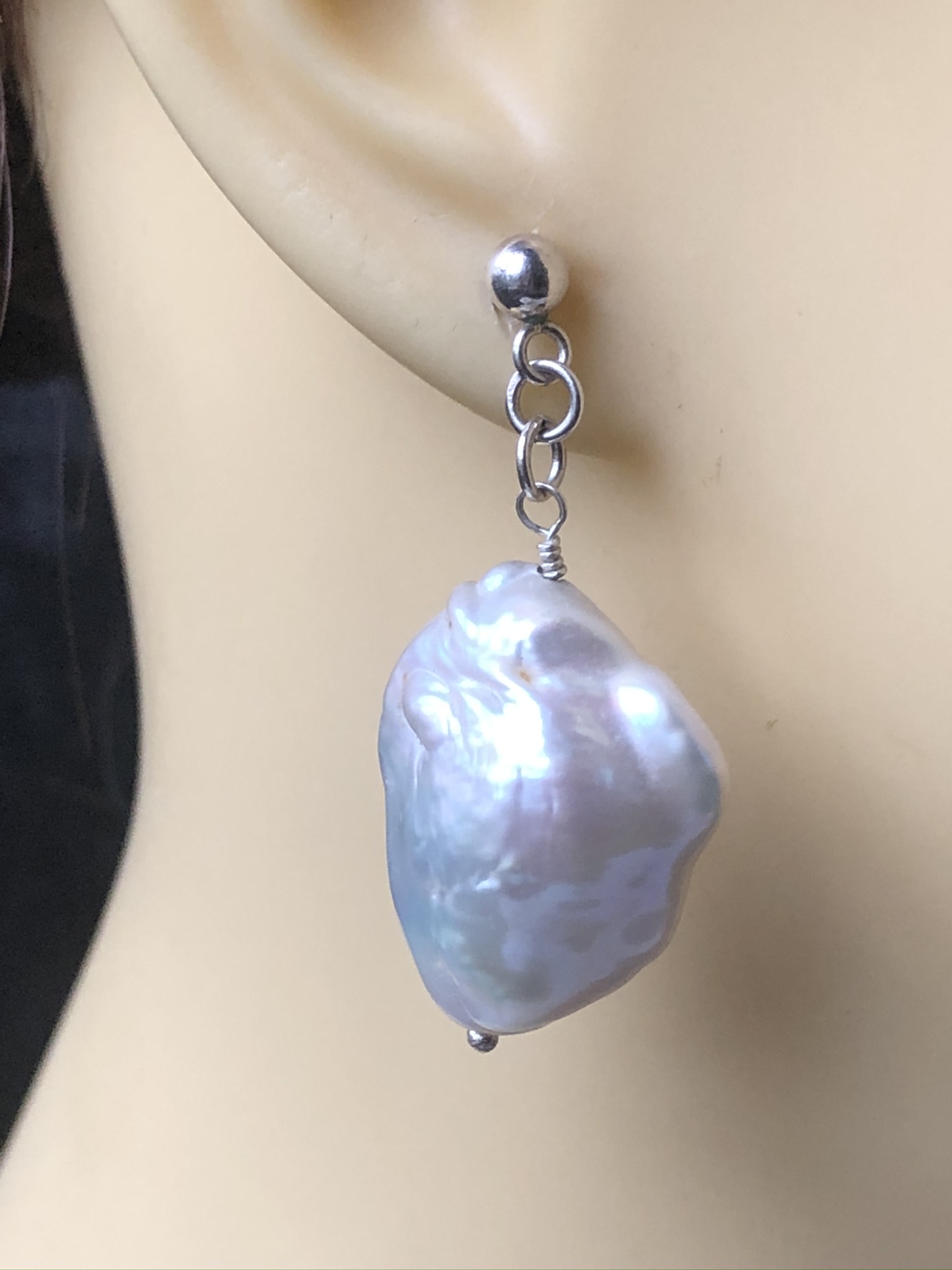 Metallic Baroque Pearl Earrings - Silver Studs - Image 4