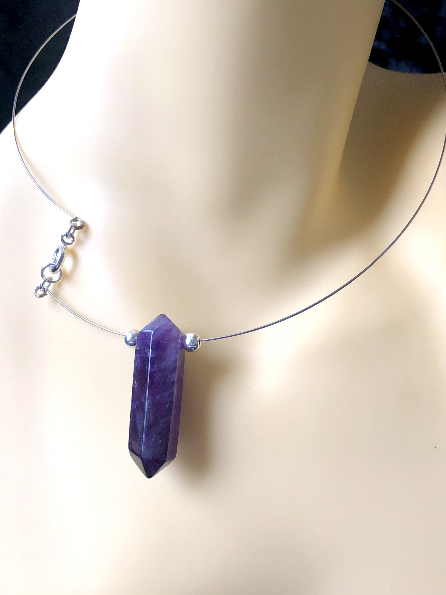 Amethyst Pencil and Silver Bead Memory Wire Necklace - Image 3