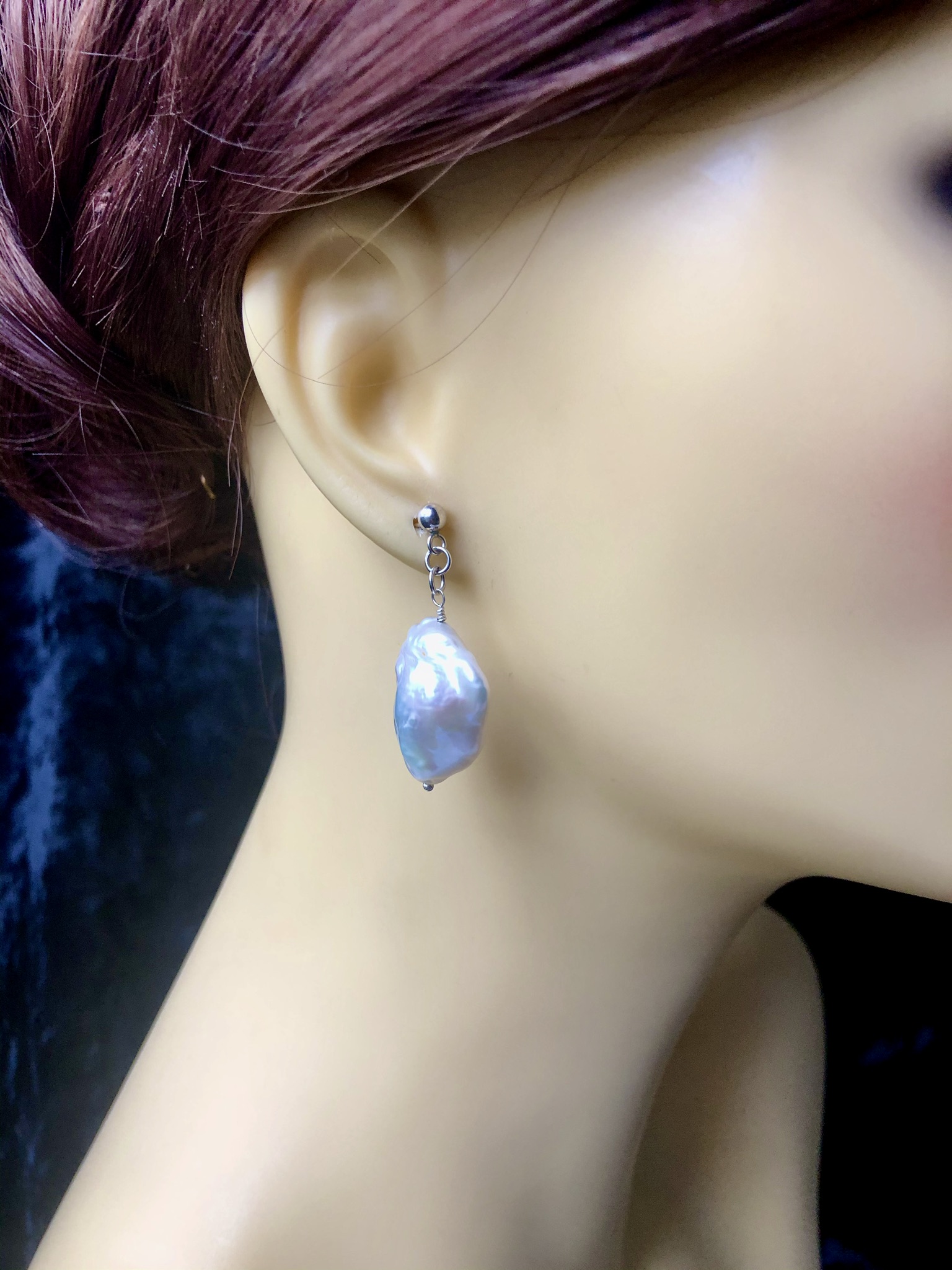 Metallic Baroque Pearl Earrings - Silver Studs - Image 3