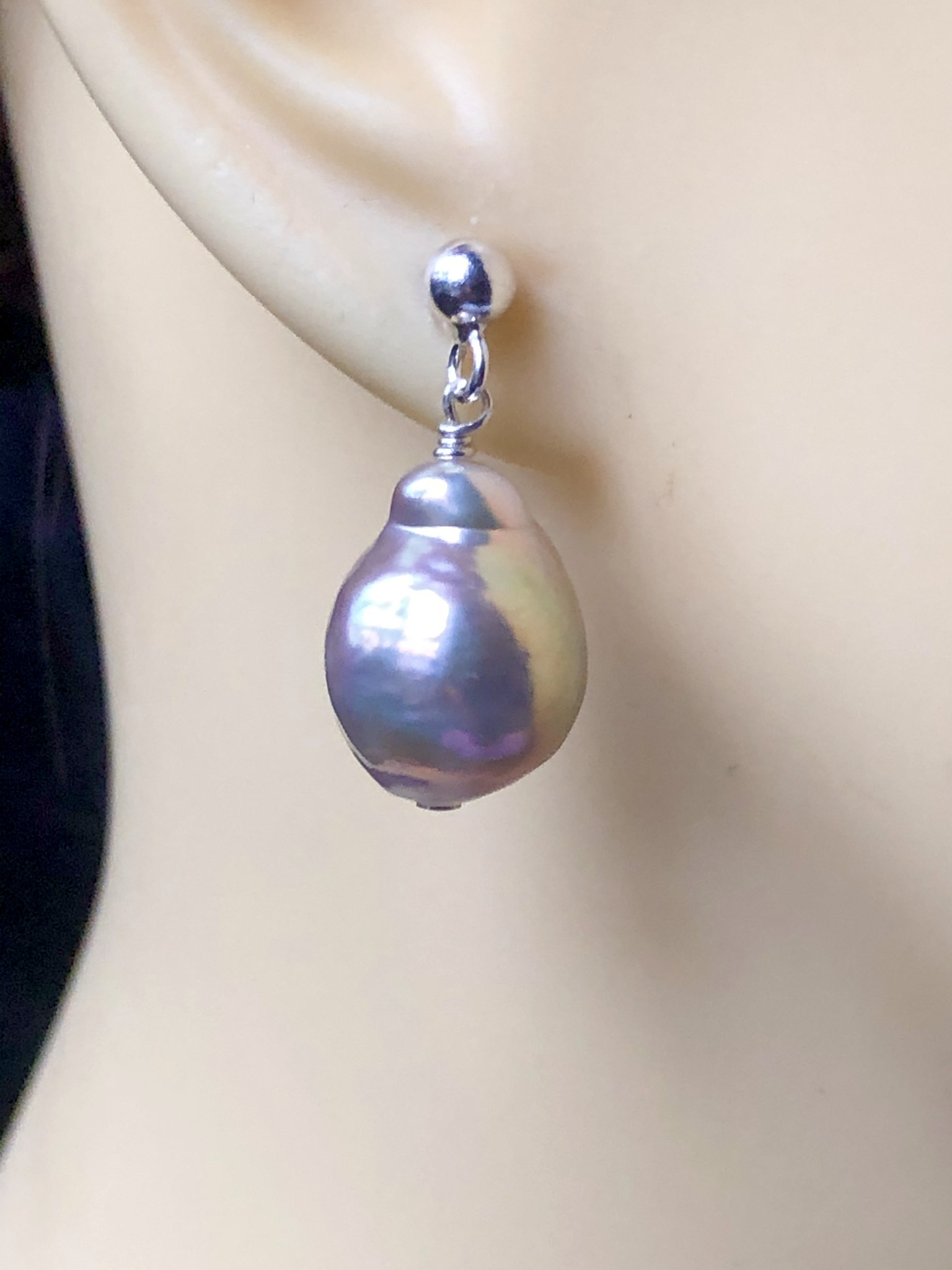 Metallic Pearl Earrings - Silver Studs - Image 2