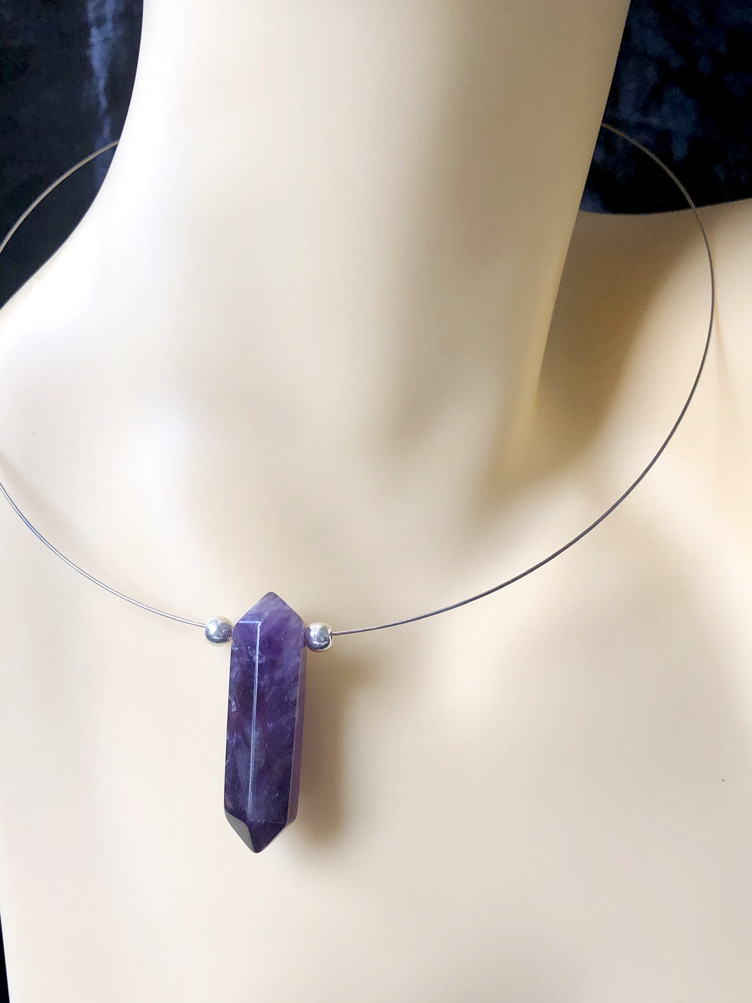 Amethyst Pencil and Silver Bead Memory Wire Necklace