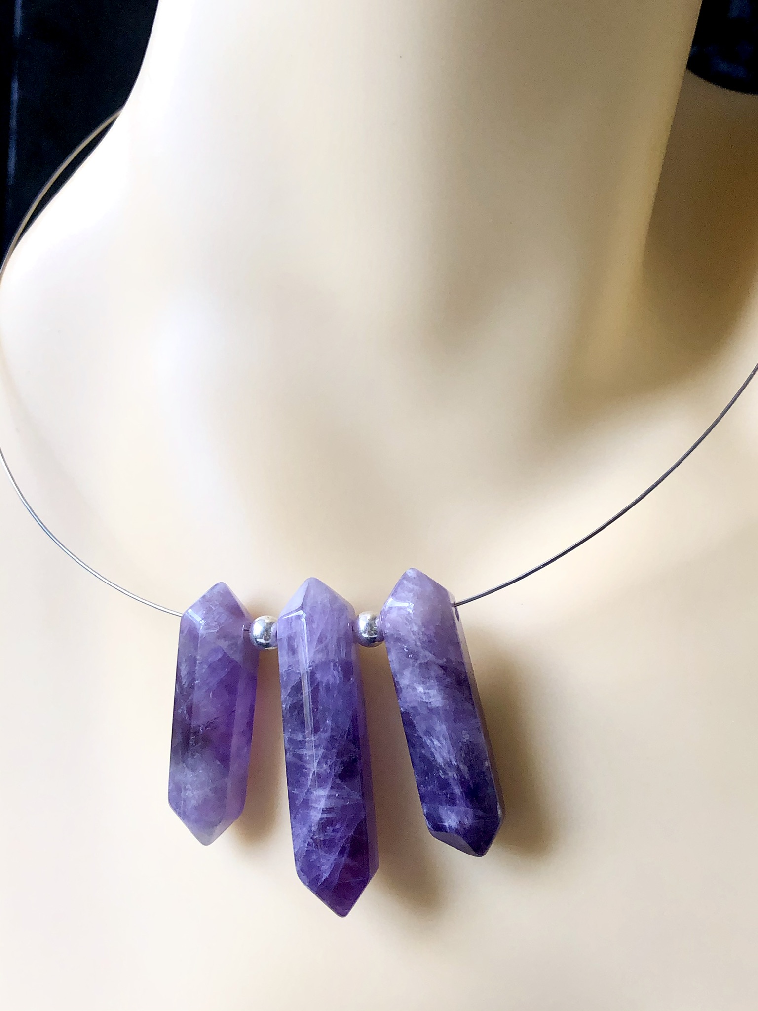 Triple Amethyst Pencils and Silver Bead Memory Wire Necklace