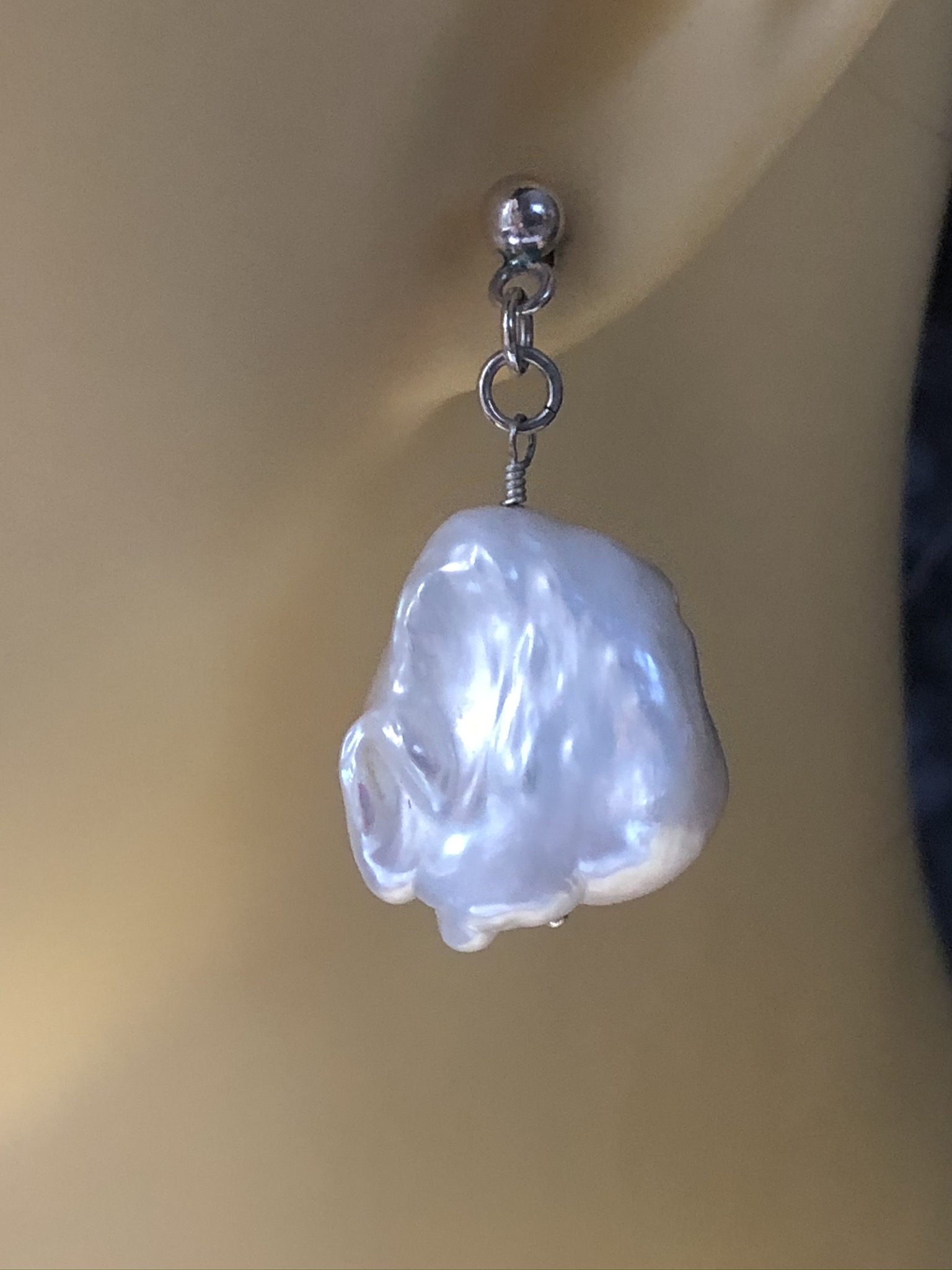 Metallic Baroque Pearl Earrings - Silver Studs - Image 2