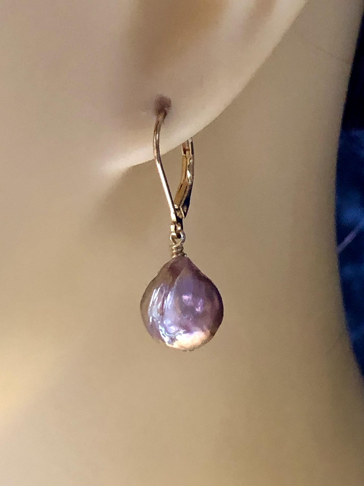 Metallic Pearl Earrings - Gold Plated Lever-back Hooks - Image 4