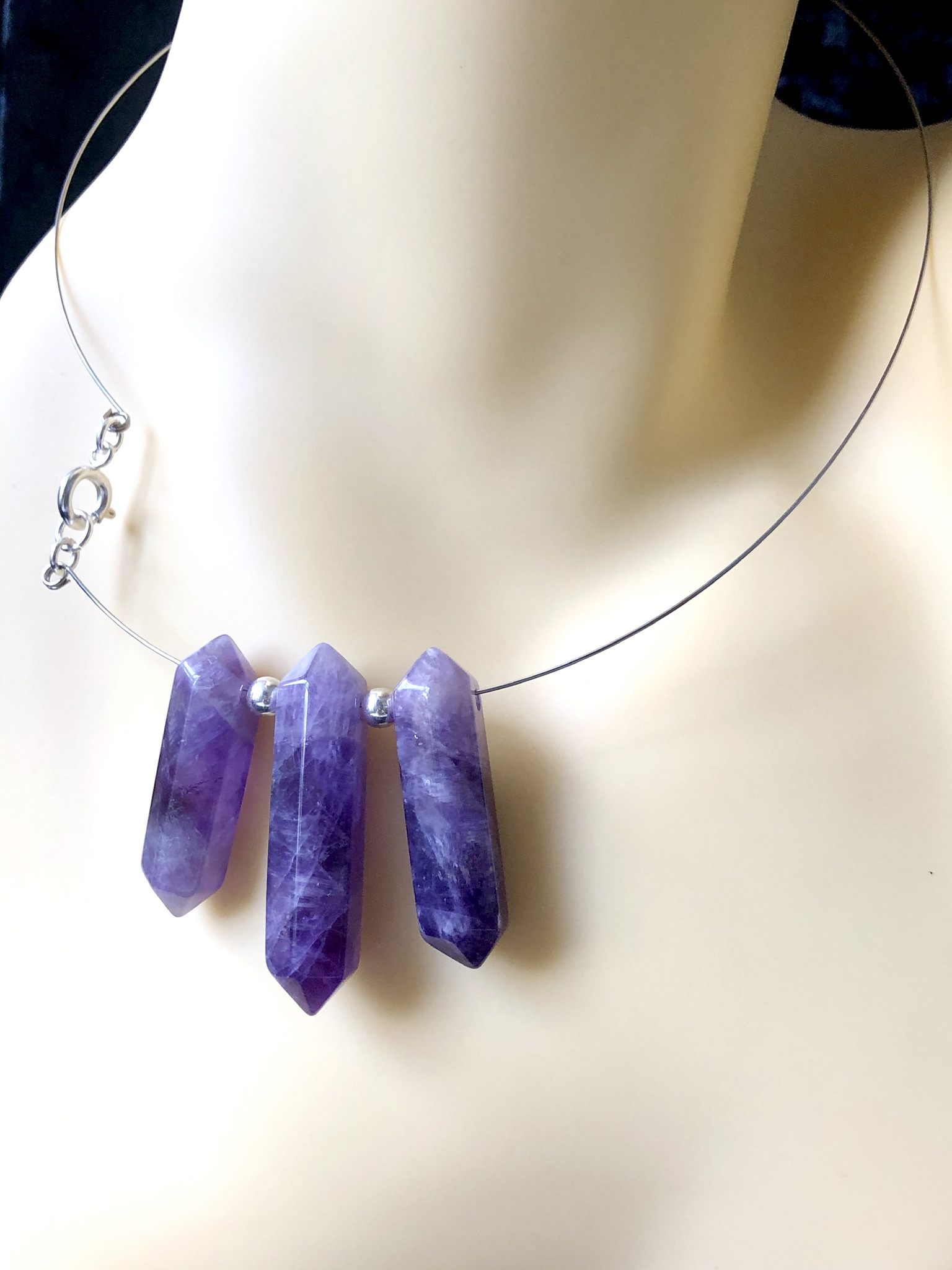 Triple Amethyst Pencils and Silver Bead Memory Wire Necklace - Image 3