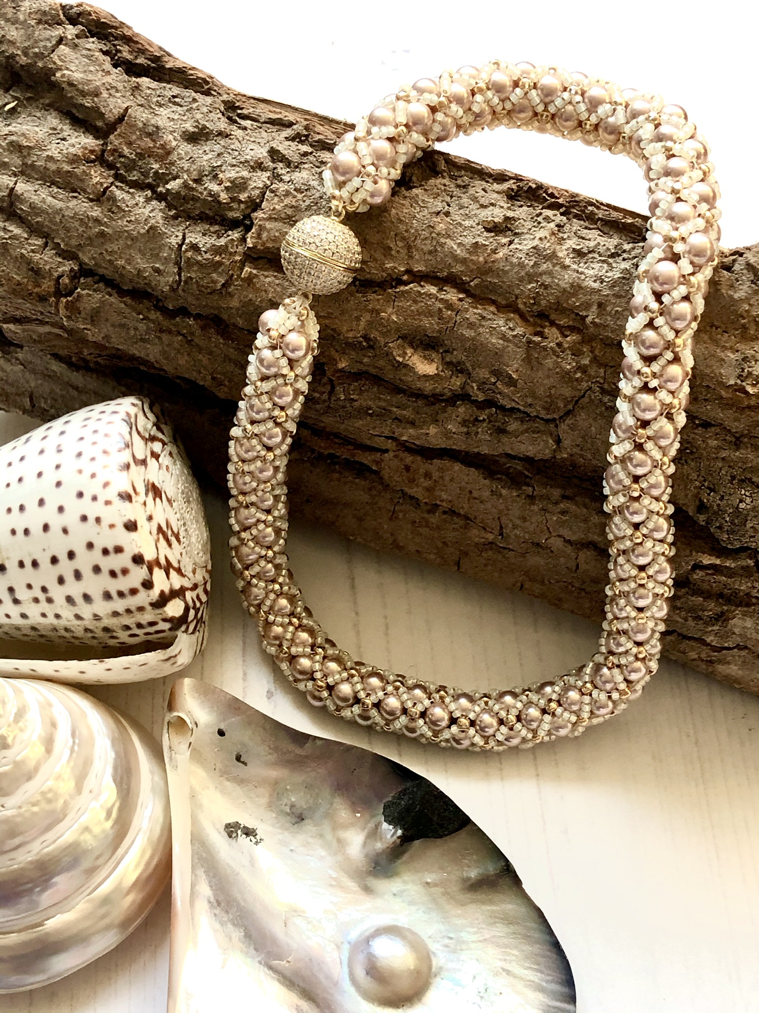 Kiss Kross Mocha Shell Pearl and Seed Bead Necklace