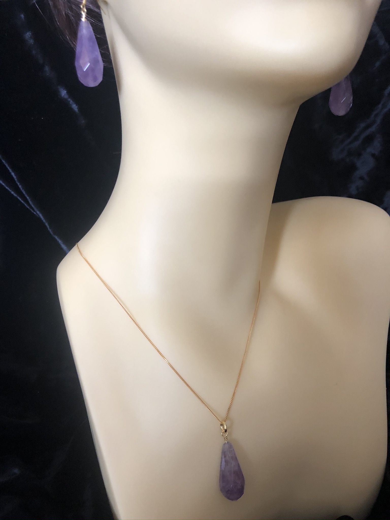 Image for Faceted amethyst drop and gold earrings and pendant