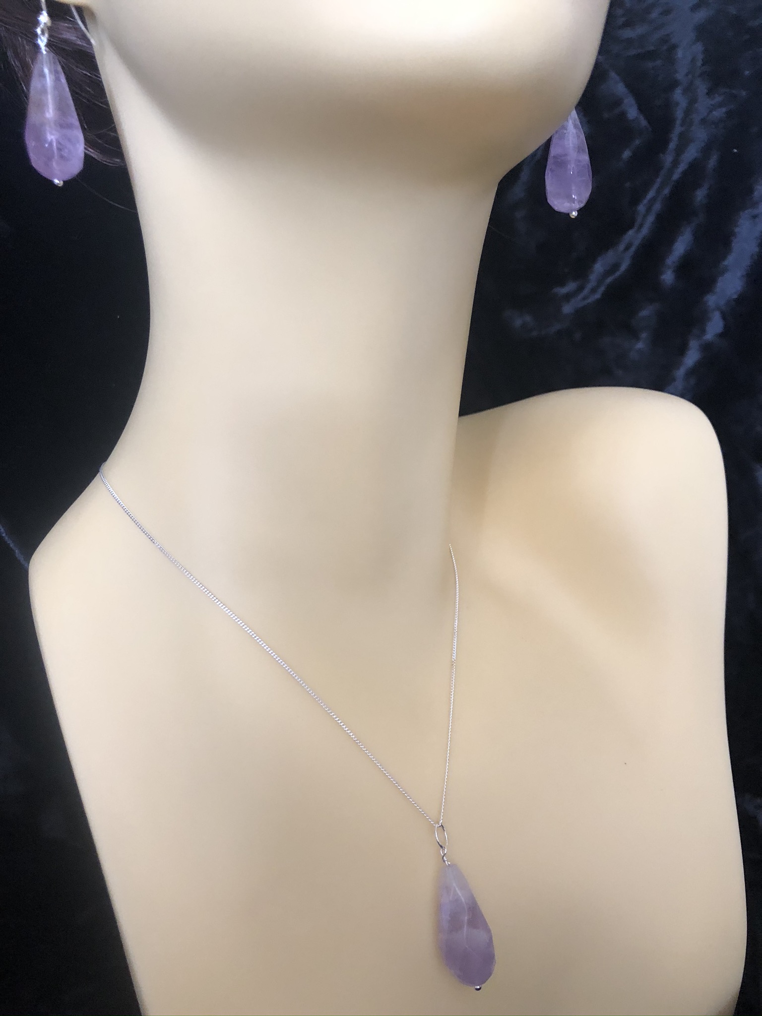 Image for Faceted amethyst drop and silver earrings and pendant