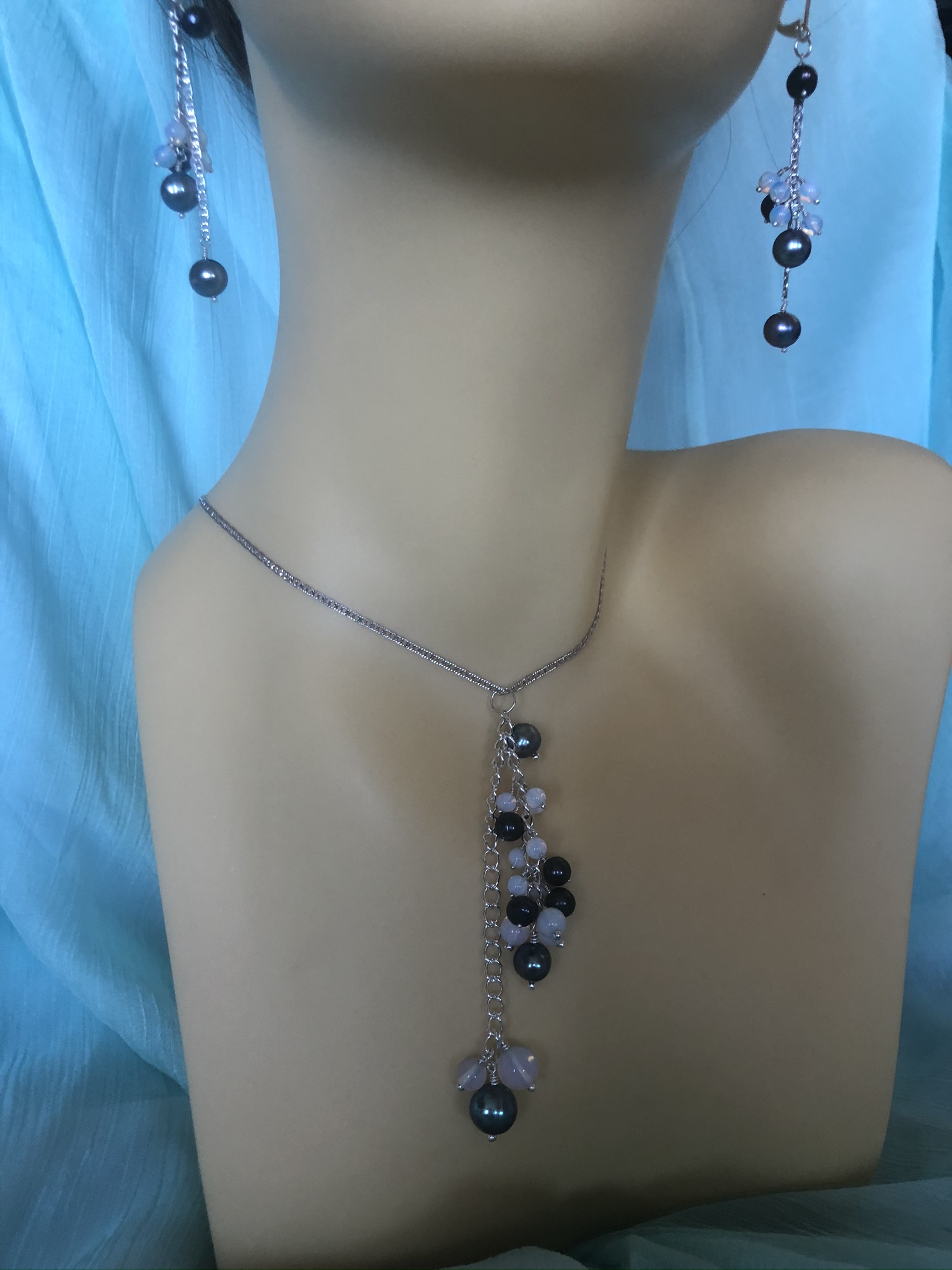 Image for moonstone and pearl pendant and earrings