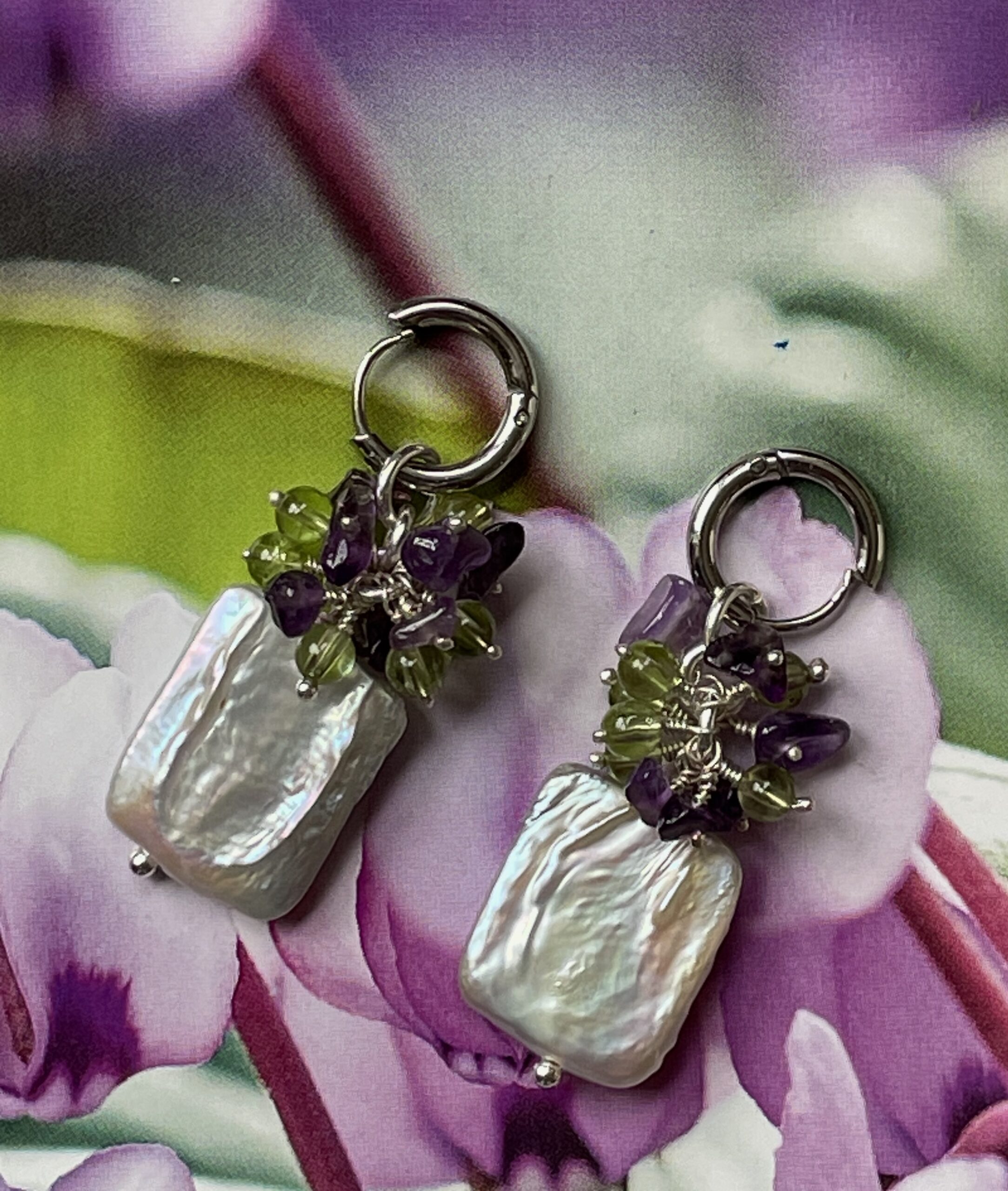 Image for Pearl, amethyst and peridot droplet earrings 1 square