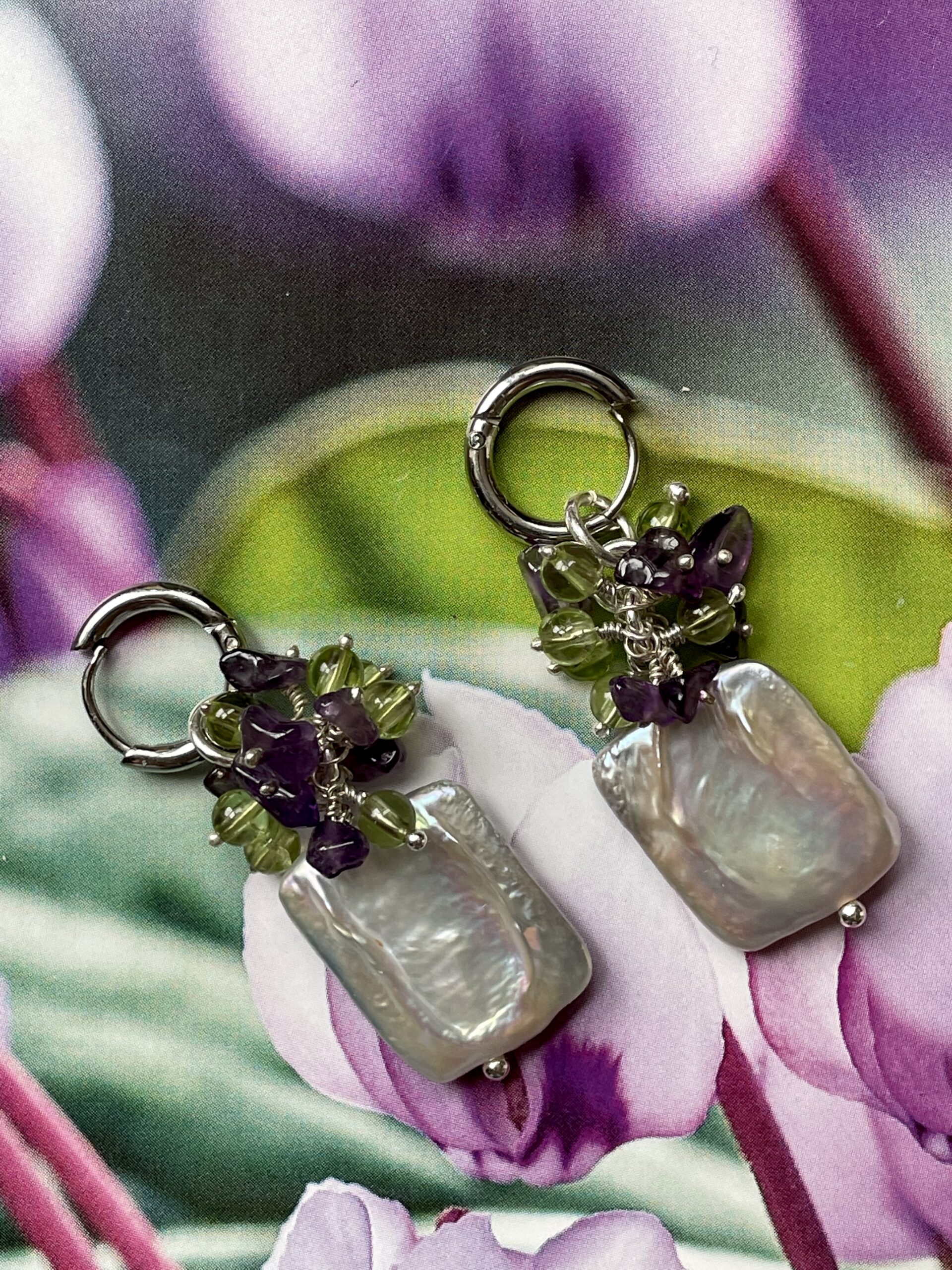 Image for Pearl, amethyst and peridot droplet earrings 5