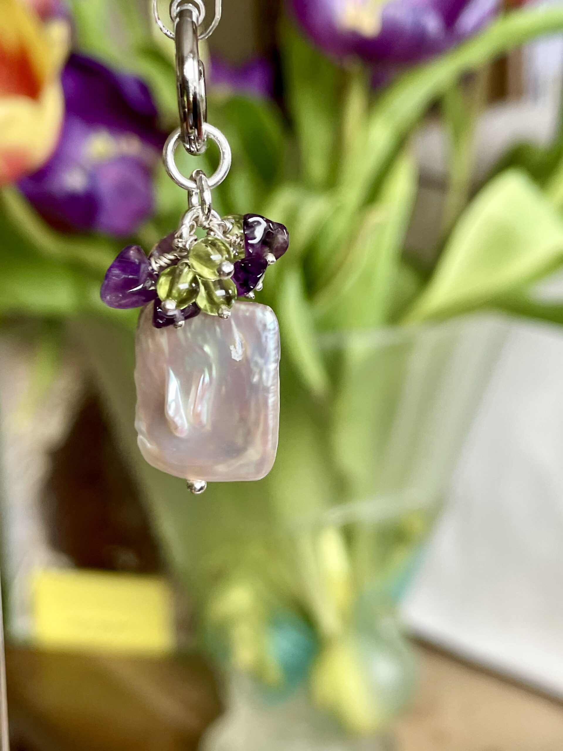 Image for Pearl, amethyst and peridot droplet earrings 8