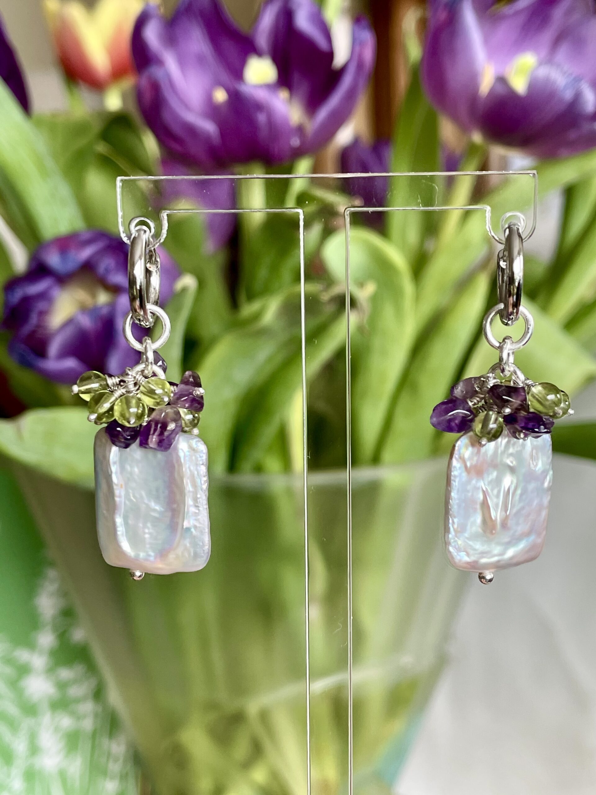 Image for Pearl, amethyst and peridot droplet earrings 9